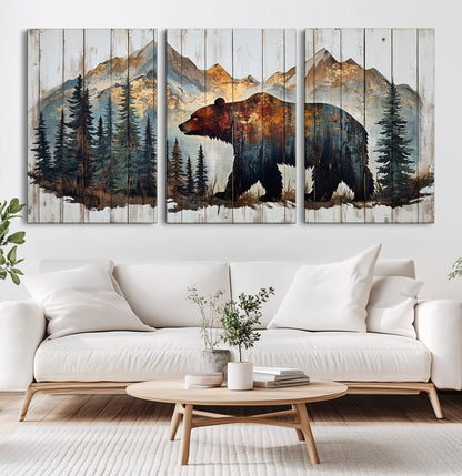 55777-MGV-CV-60X30-3P-Rustic Bear Wall Art Canvas Print, Framed Mountain and Forest Art Picture Print, Wooden Bear Perfect Rustic Lodge Decor Artwork
