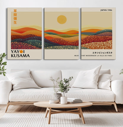 88180-MGV-CV-60X30-3P-Yayoi Kusama Landscape Wall Art – Abstract Dotted Mountain Canvas Print, Retro Sun Poster for Modern Living Room, Office or