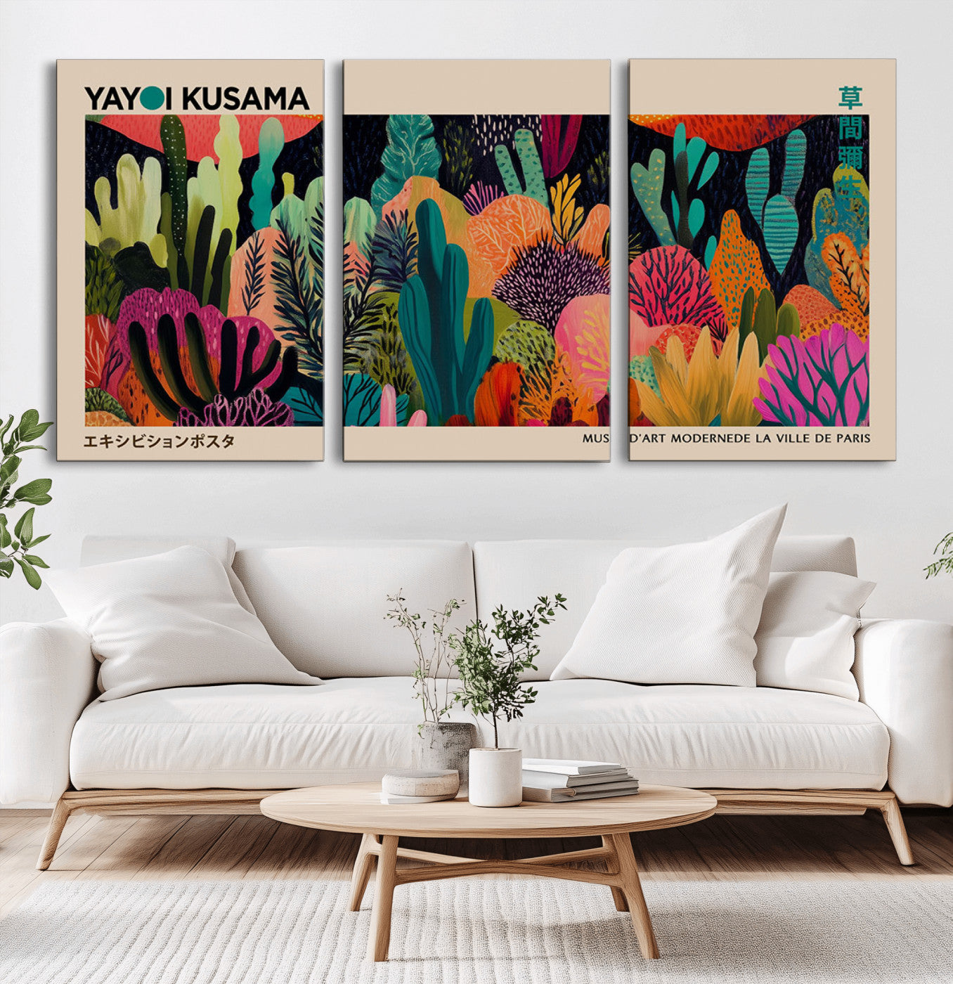 45711-MGV-CV-60X30-3P-Yayoi Kusama Wall Art Canvas Print, Framed Abstract Yayoi Kusama Art Picture Print, Japanese Wabi Sabi Perfect Modern Abstract