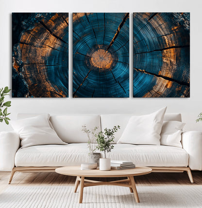 65231-MGV-CV-36X24-Blue and Gold Tree Ring Wall Art – Rustic Abstract Wood Slice Canvas Print, Modern Nature Inspired Artwork for Living Room,