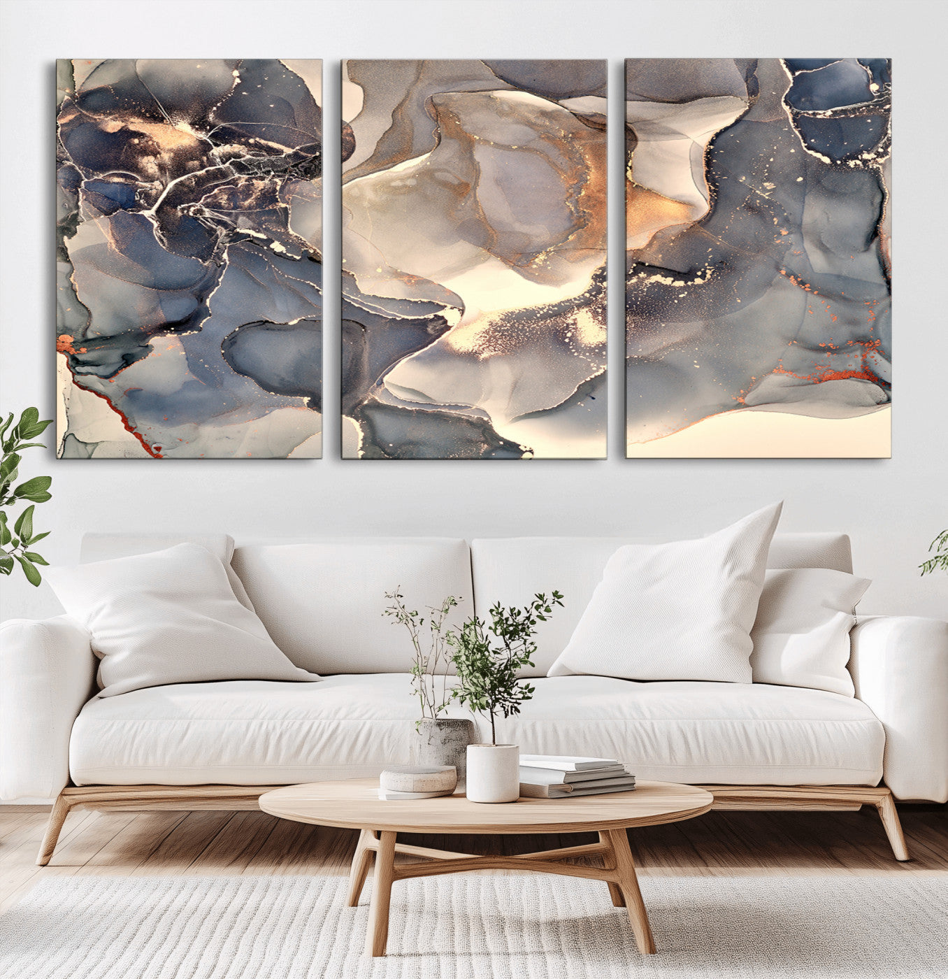 18202-MGV-CV-36X24-Abstract Neutral Wall Art – Blue, Beige and Gold Fluid Ink Canvas Print, Modern Minimalist Painting for Living Room, Office