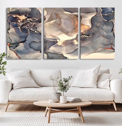 18202-MGV-CV-36X24-Abstract Neutral Wall Art – Blue, Beige and Gold Fluid Ink Canvas Print, Modern Minimalist Painting for Living Room, Office