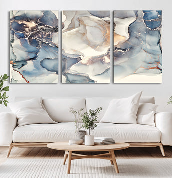 51497-MGV-CV-36X24-Abstract Blue and Gold Wall Art – Modern Fluid Ink Style Canvas Print, Elegant Contemporary Decor for Living Room, Office