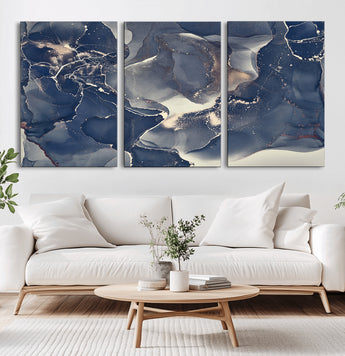 28282-MGV-CV-36X24-Blue Abstract Wall Art – Modern Ink Swirl Canvas Print, Contemporary Navy and Gold Painting for Living Room, Bedroom, Office or