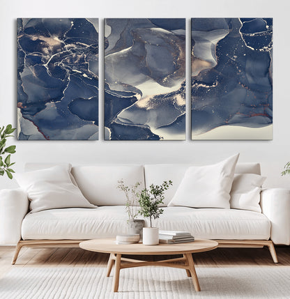 28282-MGV-CV-36X24-Blue Abstract Wall Art – Modern Ink Swirl Canvas Print, Contemporary Navy and Gold Painting for Living Room, Bedroom, Office or