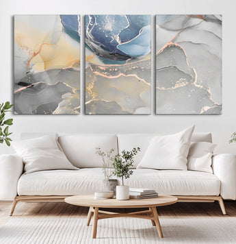18176-MGV-CV-36X24-Abstract Fluid Wall Art – Modern Marble Ink Canvas Print with Blue, Gold, and Gray Tones, Contemporary Minimal Artwork Decor for