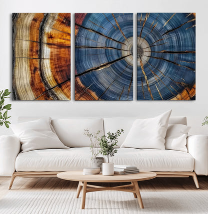 10583-MGV-CV-36X24-Tree Ring Wall Art – Abstract Wood Grain Canvas Print with Blue and Brown Tones, Nature Inspired Rustic Artwork for Living Room,