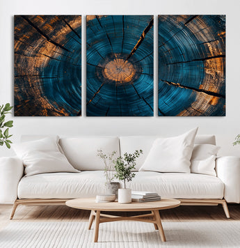 13398-MGV-CV-36X24-Tree Ring Wall Art – Abstract Wood Grain Canvas Print with Blue and Orange Accents, Rustic Nature Inspired Artwork for Living