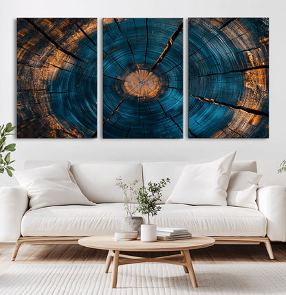 13398-MGV-CV-36X24-Tree Ring Wall Art – Abstract Wood Grain Canvas Print with Blue and Orange Accents, Rustic Nature Inspired Artwork for Living