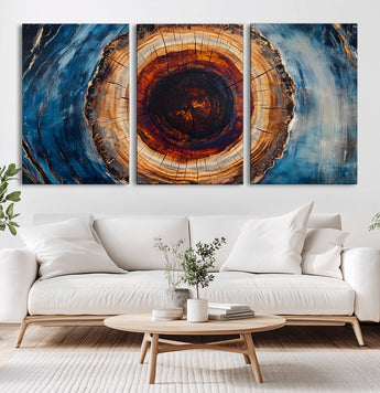 30457-MGV-CV-36X24-Tree Ring Wall Art – Abstract Wood Grain Canvas Print with Brown and Blue Swirl, Rustic Nature Inspired Artwork for Living Room,