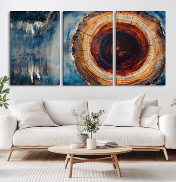 48045-MGV-CV-36X24-Tree Ring Abstract Wall Art – Rustic Wood Grain Canvas Print with Brown Center and Blue Brush Strokes, Nature Inspired Artwork for