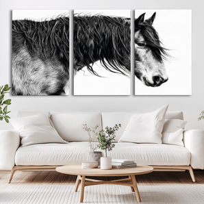 57694-MGV-CV-36X24-Horse Portrait Wall Art – Black and White Canvas Print with Detailed Stallion Profile, Rustic Farmhouse Equestrian Artwork for
