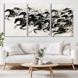 23069-MGV-CV-36X24-Galloping Horses Wall Art – Black Ink Painting on Canvas, Dynamic Equestrian Artwork with Running Stallions, Expressive Modern