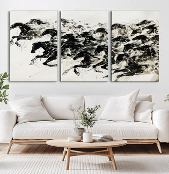 23069-MGV-CV-36X24-Galloping Horses Wall Art – Black Ink Painting on Canvas, Dynamic Equestrian Artwork with Running Stallions, Expressive Modern