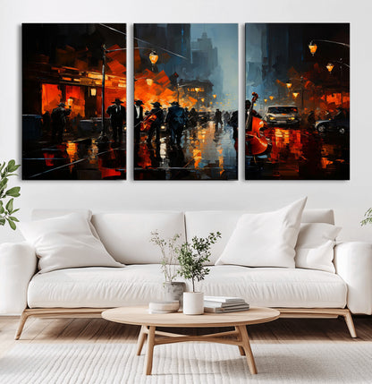 32816-MGV-CV-36X24-City Jazz Night Wall Art – Modern Abstract Urban Street Scene Canvas Print, Moody Music-Themed Decor for Living Room, Office, or