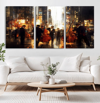 58782-MGV-CV-36X24-Jazz Musicians Cityscape Wall Art – Vibrant Urban Night Canvas Print, Elegant Music Themed Decor for Living Room, Office, or Music