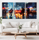 94605-MGV-CV-36X24-City Jazz Night Wall Art – Vibrant Music Canvas Print Featuring Saxophone, Guitar and Bass Players, Urban Street Scene Artwork for