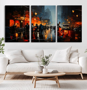 46538-MGV-CV-36X24-Urban Jazz Night Wall Art – Dramatic Music Canvas Print with Double Bass and Street Musicians, Modern City Scene Artwork for