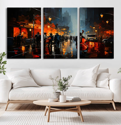46538-MGV-CV-36X24-Urban Jazz Night Wall Art – Dramatic Music Canvas Print with Double Bass and Street Musicians, Modern City Scene Artwork for