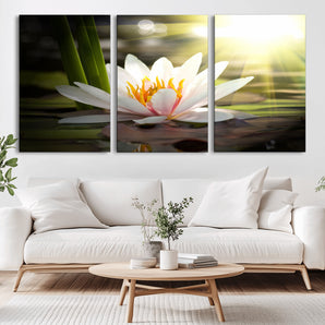 40478-MGV-CV-36X24-Water Lily Wall Art – White Lotus Flower Canvas Print with Sunlight Reflection, Serene Botanical Artwork for Living Room, Bedroom,