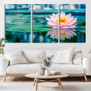 65933-MGV-CV-36X24-Pink Water Lily Wall Art – Lotus Flower Canvas Print with Reflection on Calm Water, Peaceful Botanical Artwork for Living Room,