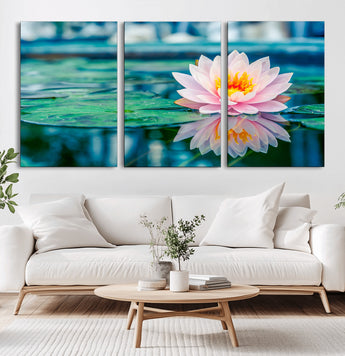 65933-MGV-CV-36X24-Pink Water Lily Wall Art – Lotus Flower Canvas Print with Reflection on Calm Water, Peaceful Botanical Artwork for Living Room,