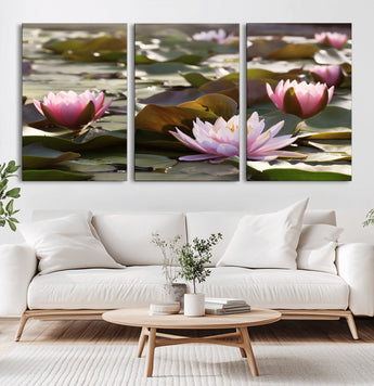 72218-MGV-CV-36X24-Water Lily Pond Wall Art – Pink Lotus Flowers Canvas Print with Green Lily Pads, Peaceful Botanical Artwork for Living Room,