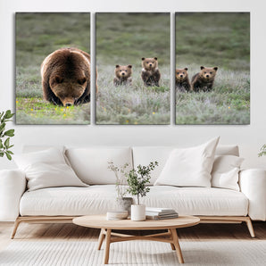 65087B-MGV-CV-36X24-Bear Family Wall Art – Wildlife Canvas Print Featuring Mother Bear with Cubs in Nature, Rustic Animal Artwork for Living Room,