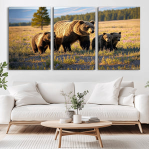 43400-MGV-CV-36X24-Bear Family Wall Art – Wildlife Canvas Print of Mother Bear with Cubs in Sunlit Meadow, Rustic Animal Artwork for Living Room,