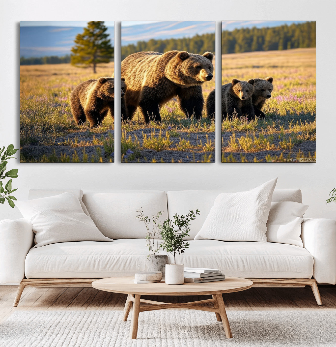 43400-MGV-CV-36X24-Bear Family Wall Art – Wildlife Canvas Print of Mother Bear with Cubs in Sunlit Meadow, Rustic Animal Artwork for Living Room,