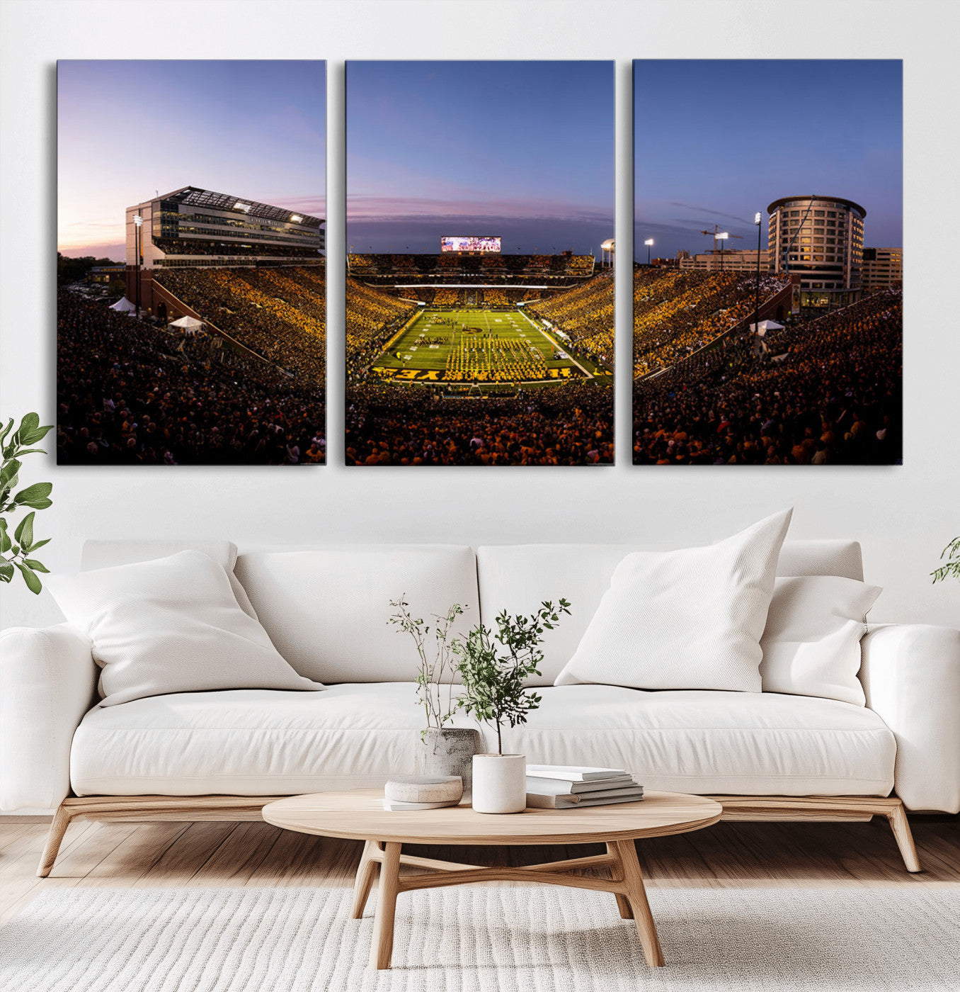 82557-MGV-CV-36X24-College Football Stadium Wall Art – Panoramic Sunset Canvas Print with Marching Band and Game Day Crowd, Sports Artwork for Man