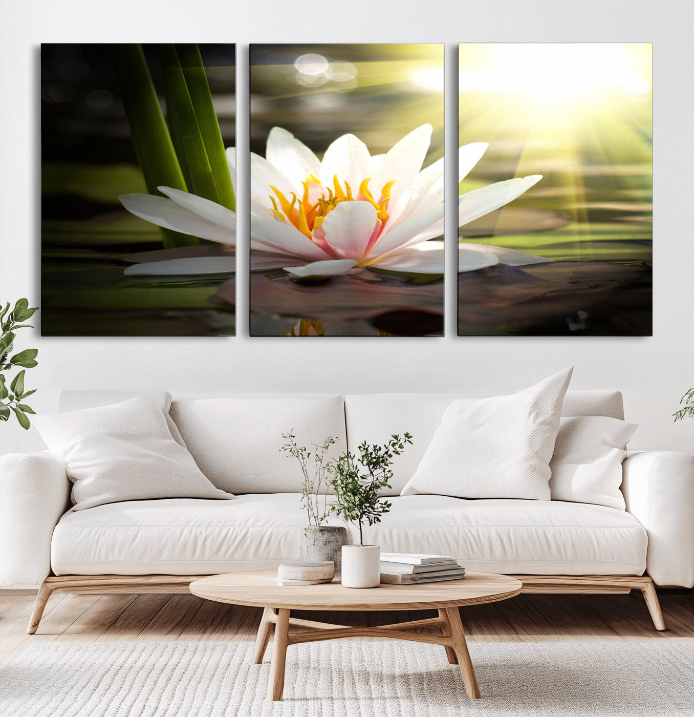 60352-MGV-CV-36X24-White Water Lily Wall Art – Lotus Flower Canvas Print with Sunlight Reflection, Peaceful Botanical Artwork for Living Room,