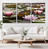 28394-MGV-CV-36X24-Water Lily Pond Wall Art – Pink Lotus Flowers Canvas Print with Green Lily Pads, Peaceful Botanical Artwork for Living Room,