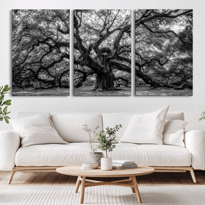 132944706-MGV-CV-36X24-Ancient Tree Wall Art – Black and White Photography Canvas Print Featuring Majestic Twisting Branches, Rustic Nature Artwork for