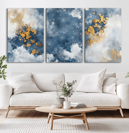 39575-MGV-CV-36X24-Blue and Gold Abstract Wall Art – Modern Canvas Print Featuring Cloudy Textures with Metallic Accents, Contemporary Artwork for