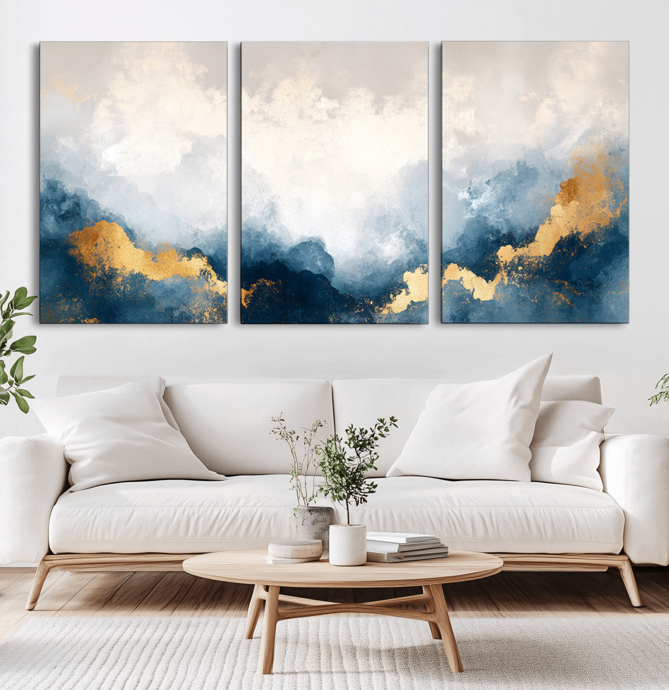 14578-MGV-CV-36X24-Abstract Wall Art – Modern Canvas Print Featuring Blue and White Clouds with Golden Accents, Contemporary Elegant Artwork for