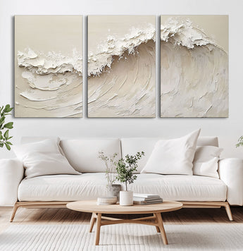 45175-MGV-CV-60X30-3P-Textured Wave Wall Art Canvas Print, Framed Minimal Seascape Art Picture Print, Elegant Wave Perfect Modern Coastal Decor Artwork