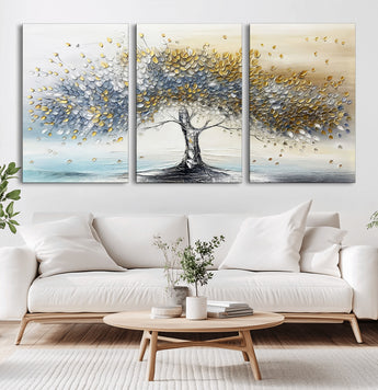24771-MGV-CV-36X24-Silver Tree Wall Art Canvas Print, Framed Golden Leaves Art Picture Print, Metallic Tree Perfect Minimalist Luxury Decor Artwork