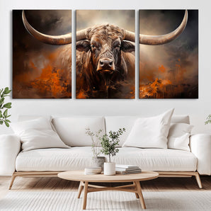 240479-MGV-CV-36X24-Longhorn Bull Wall Art – Dramatic Western Canvas Print Featuring Horned Bull with Fiery Background, Rustic Farmhouse Artwork for