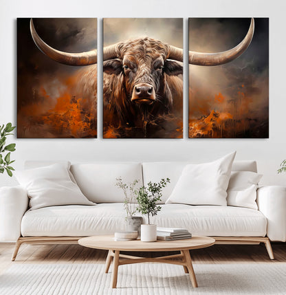 240479-MGV-CV-36X24-Longhorn Bull Wall Art – Dramatic Western Canvas Print Featuring Horned Bull with Fiery Background, Rustic Farmhouse Artwork for