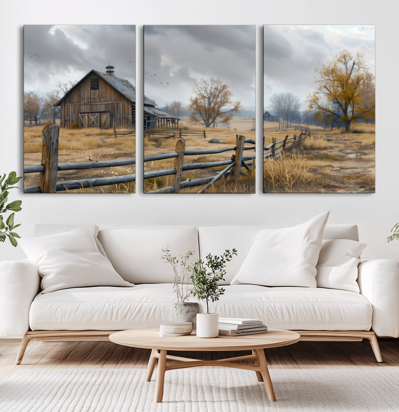 Farm1-MGV-CV-60X30-3P-Rustic Autumn Farmhouse Wall Art – Serene Countryside Scene Canvas Print, Weathered Barn and Autumn Trees Decor for Living Room,
