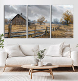 Farm1-MGV-CV-60X30-3P-Rustic Autumn Farmhouse Wall Art – Serene Countryside Scene Canvas Print, Weathered Barn and Autumn Trees Decor for Living Room,