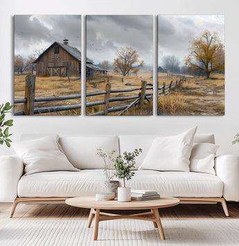 Farm1-MGV-CV-60X30-3P-Rustic Autumn Farmhouse Wall Art – Serene Countryside Scene Canvas Print, Weathered Barn and Autumn Trees Decor for Living Room,