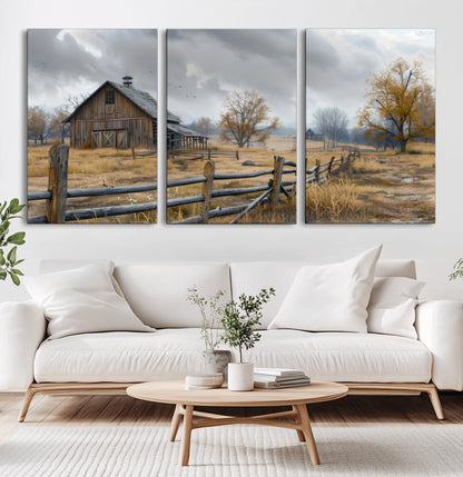 Farm1-MGV-CV-60X30-3P-Rustic Autumn Farmhouse Wall Art – Serene Countryside Scene Canvas Print, Weathered Barn and Autumn Trees Decor for Living Room,