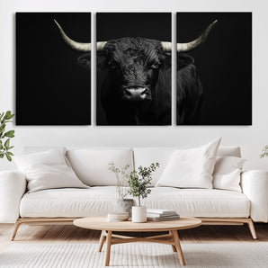 97914921-MGV-CV-36X24-Black Bull Wall Art Canvas Print, Framed Longhorn Bull Art Picture Print, Western Bull Perfect Monochrome Western Decor Artwork