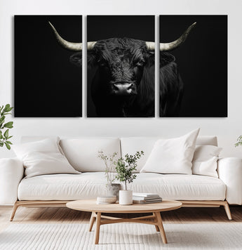 97914921-MGV-CV-36X24-Black Bull Wall Art Canvas Print, Framed Longhorn Bull Art Picture Print, Western Bull Perfect Monochrome Western Decor Artwork