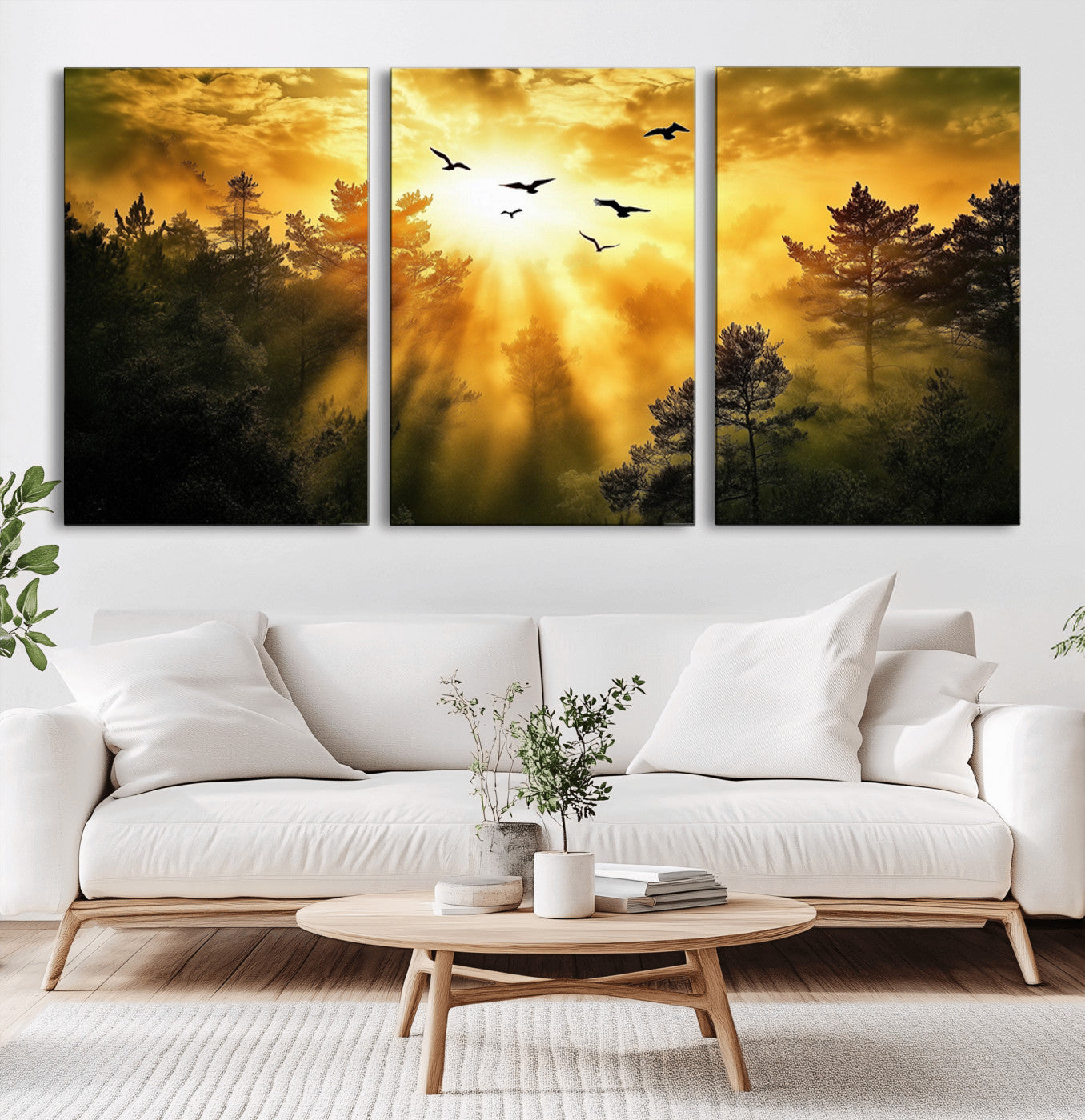 13776802-MGV-CV-60X30-3P-Golden Forest Wall Art Canvas Print, Framed Sunset Pines Art Picture Print, Flying Birds Perfect Nature Glow Decor Artwork