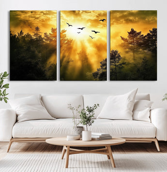 13776802-MGV-CV-60X30-3P-Golden Forest Wall Art Canvas Print, Framed Sunset Pines Art Picture Print, Flying Birds Perfect Nature Glow Decor Artwork