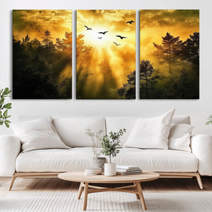 13776802-MGV-CV-36X24-Golden Forest Wall Art Canvas Print, Framed Sunset Pines Art Picture Print, Flying Birds Perfect Nature Glow Decor Artwork