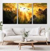 13776802-MGV-CV-36X24-Golden Forest Wall Art Canvas Print, Framed Sunset Pines Art Picture Print, Flying Birds Perfect Nature Glow Decor Artwork